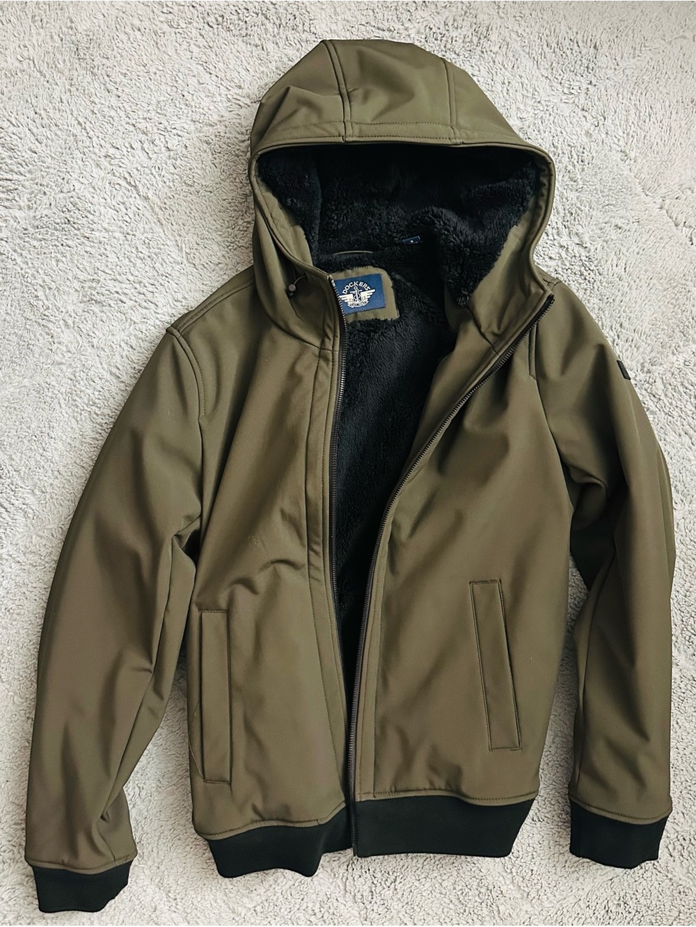 Dockers Olive Green Sherpa Lined Softshell Hooded Bomber Jacket Men’s Small NWOT